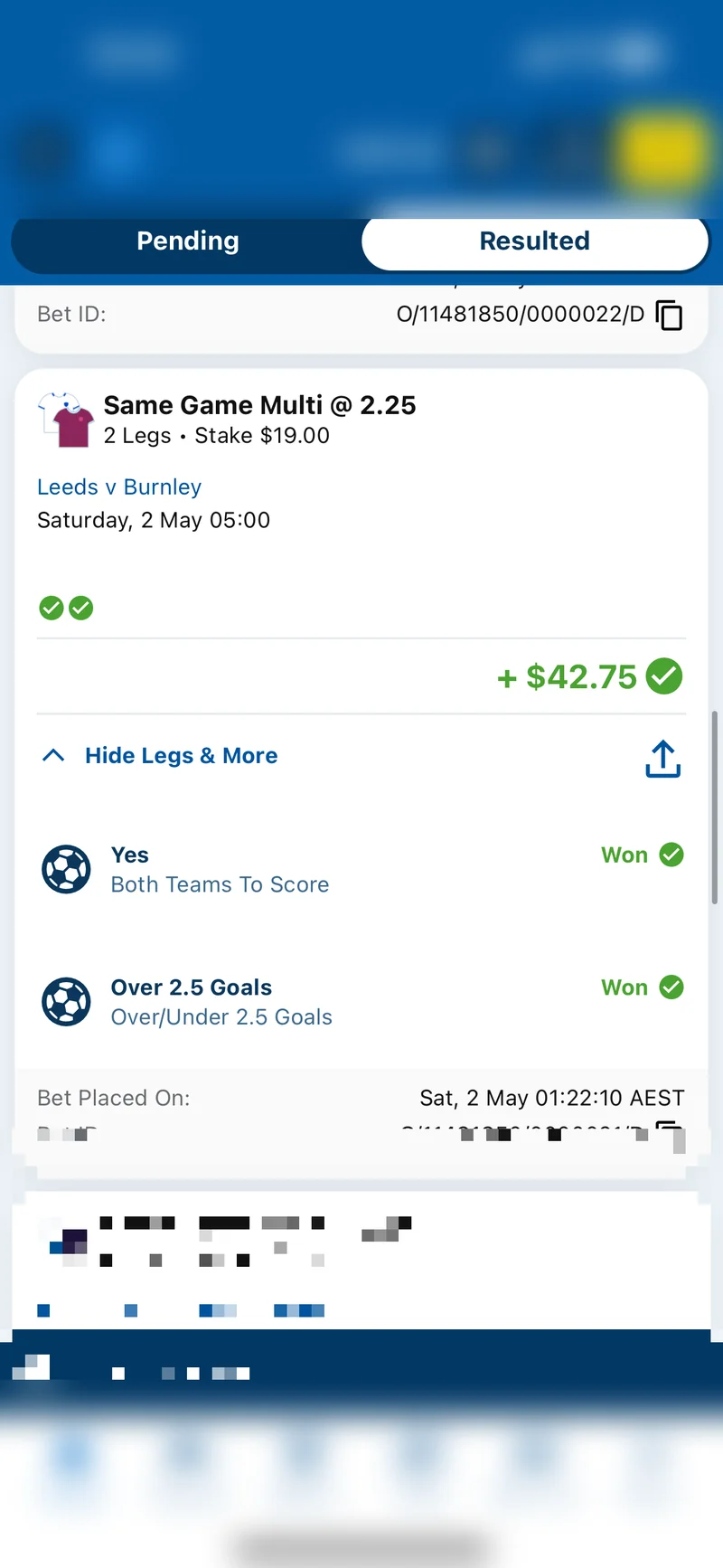 Same Game Multi @ 2.25 — 2 Legs, Win +$42.75