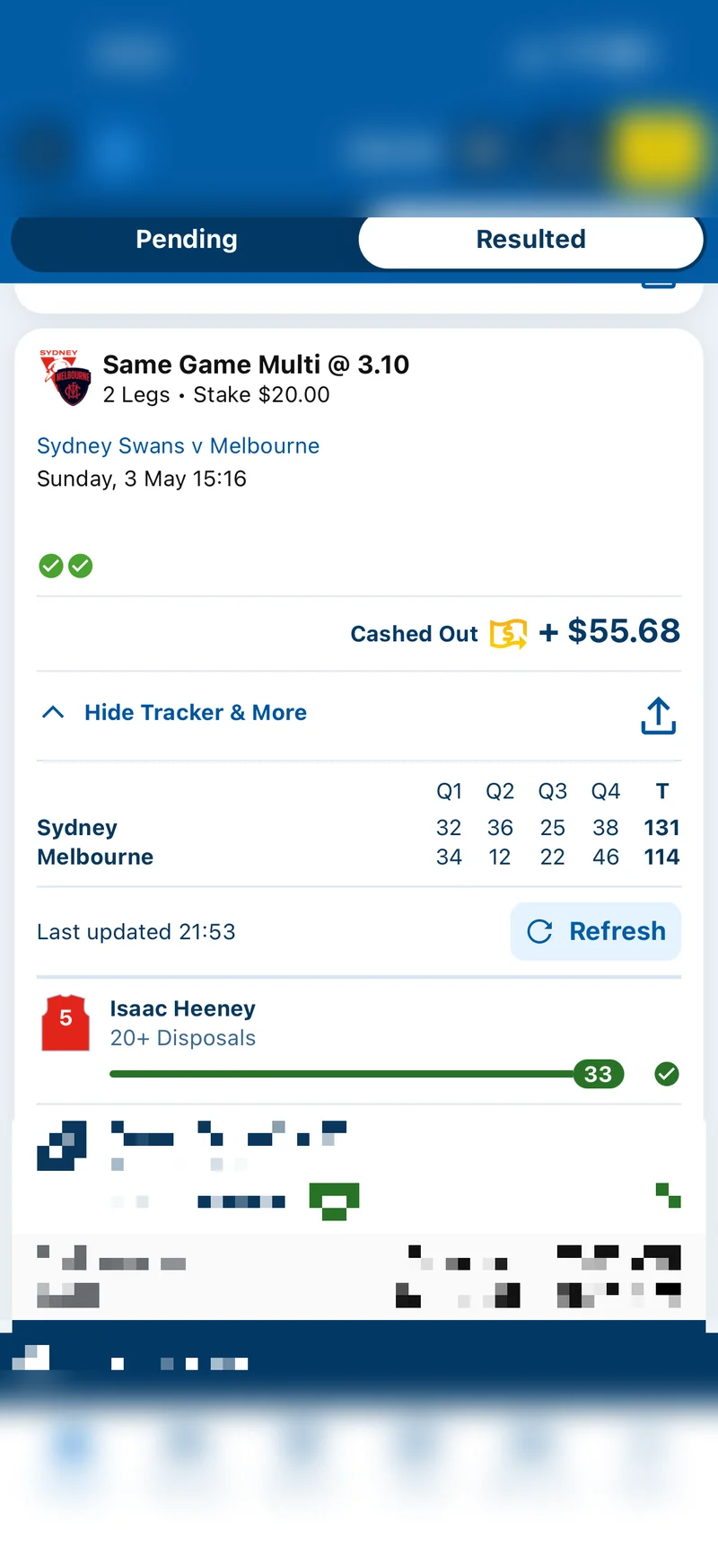 Same Game Multi @ 3.10 — Cashed Out +$55.68