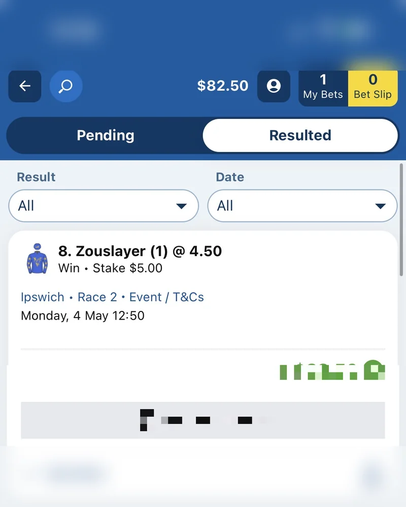 Horse Win — Zouslayer @ 4.50, +$22.50
